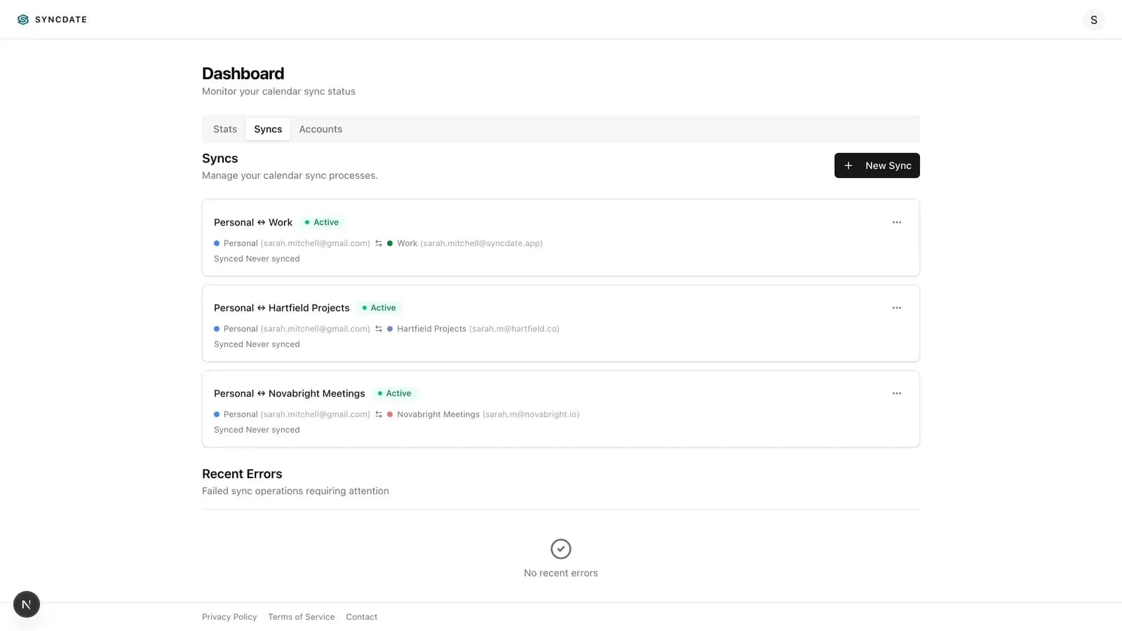 SYNCDATE dashboard with three active calendar syncs all showing healthy status