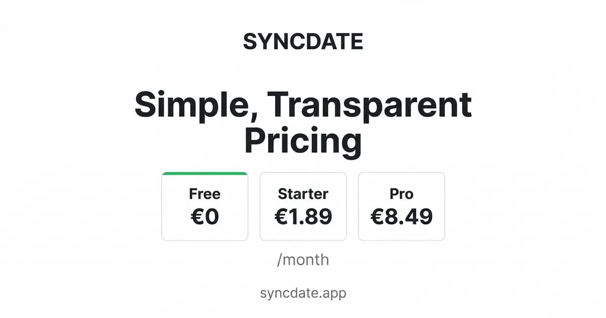 SYNCDATE pricing plans — free, starter, and pro calendar sync